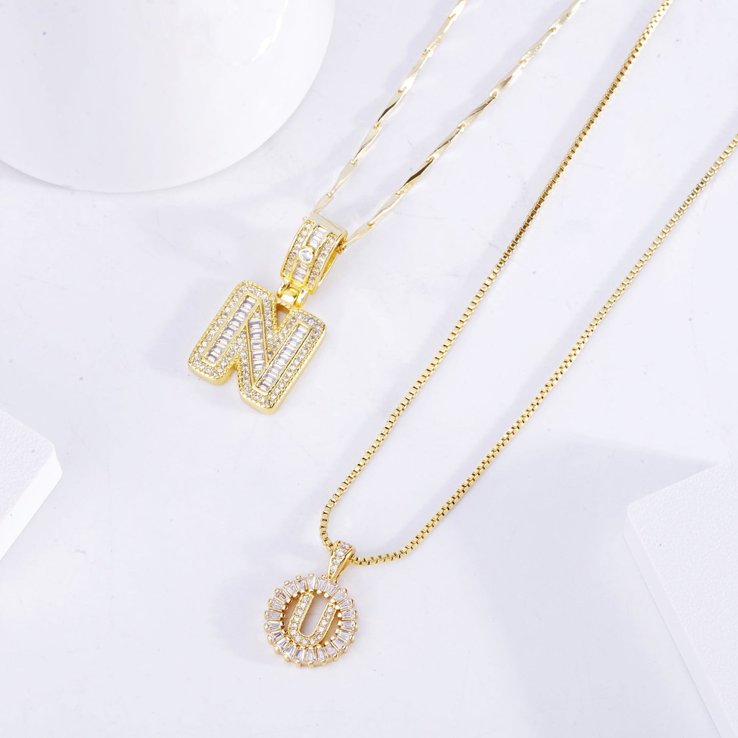 Pave letter initial necklace set | White Gold