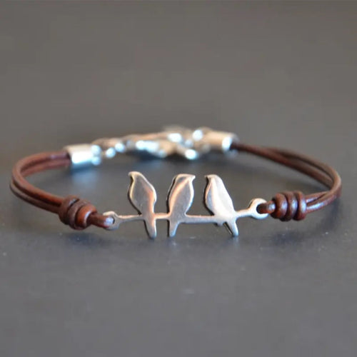 Silver Birds Leather Bracelet