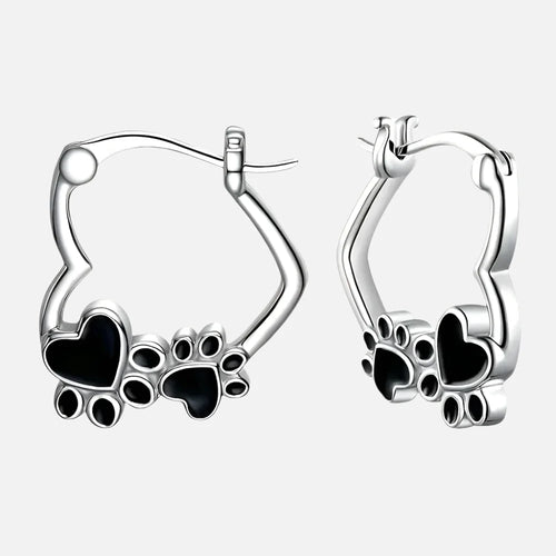 Heart Paw Huggie Earrings with Black Enamel