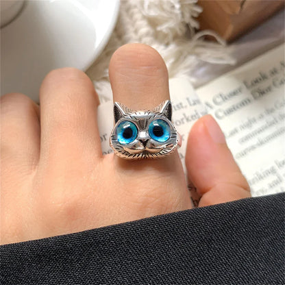 Blue-Eyed Cat Ring – Playful Vintage Silver Animal Ring for Cat Lovers