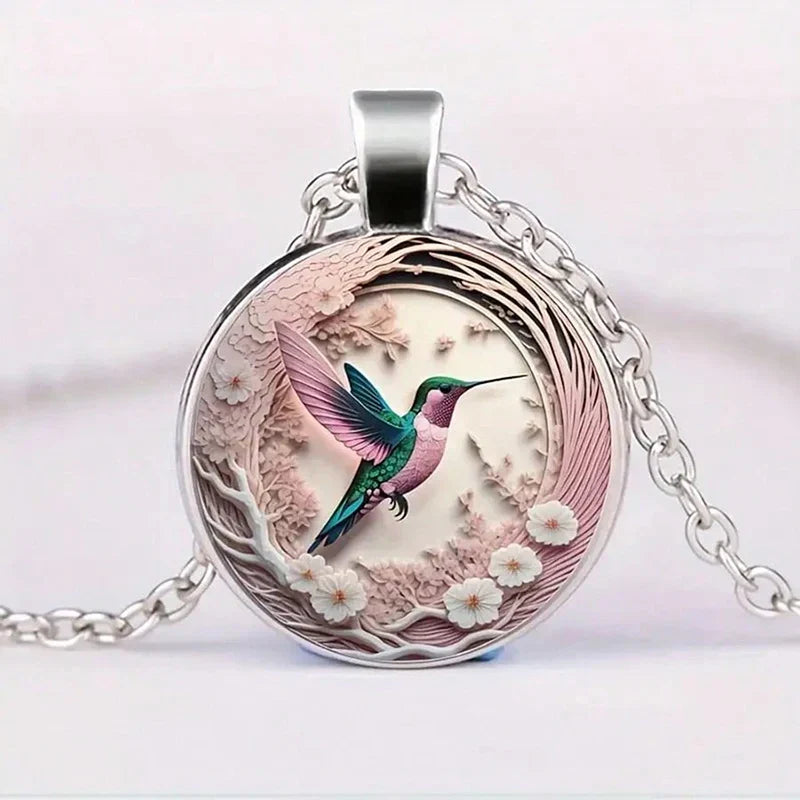 Hummingbird Glass Dome Pendant Necklace