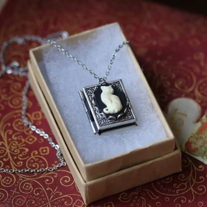 Vintage Cat Book Pendant Necklace – Rotating Page Design