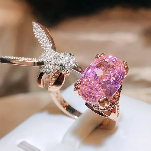 Adjustable Hummingbird Gemstone Ring – Zircon, 14K Gold Plated