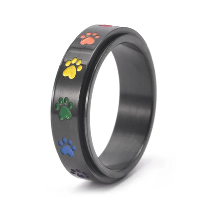 Spinning Stress Reducing Paw Ring – Stainless Steel with Rainbow Paws