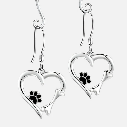 Silver Drop Earrings with Heart & Paw Design