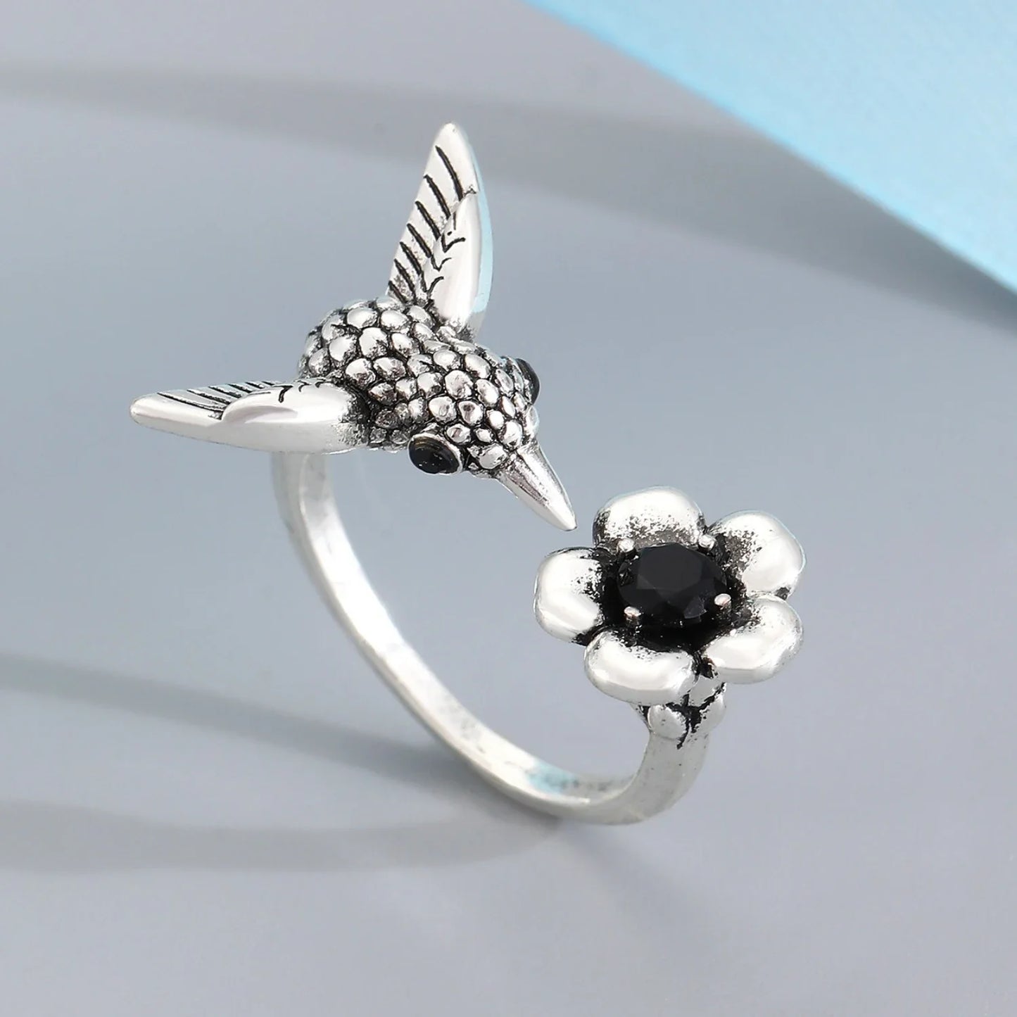 Hummingbird & Flower Ring – Adjustable Open Bird Ring for Women