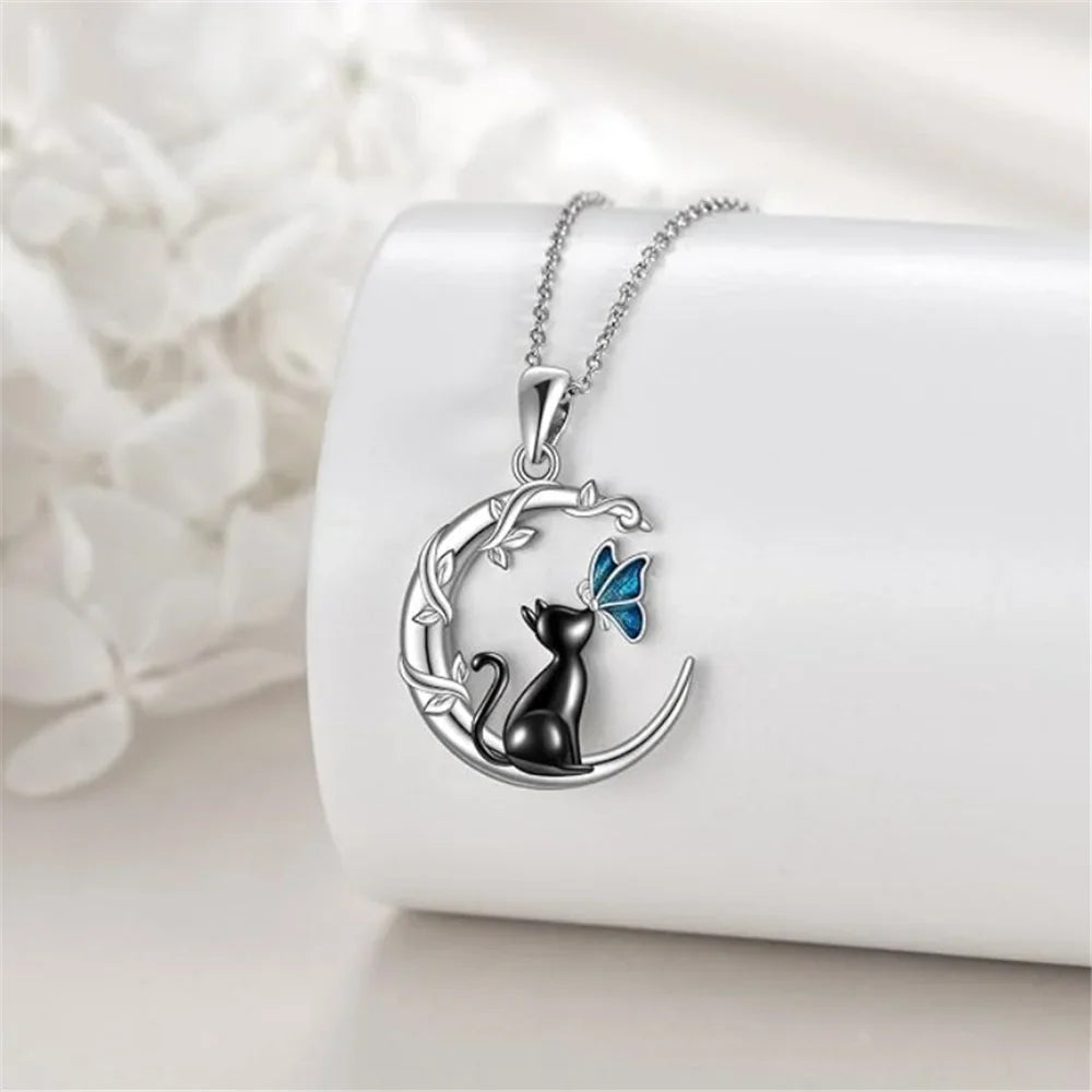 Moon Cat Butterfly Crystal Pendant Necklace