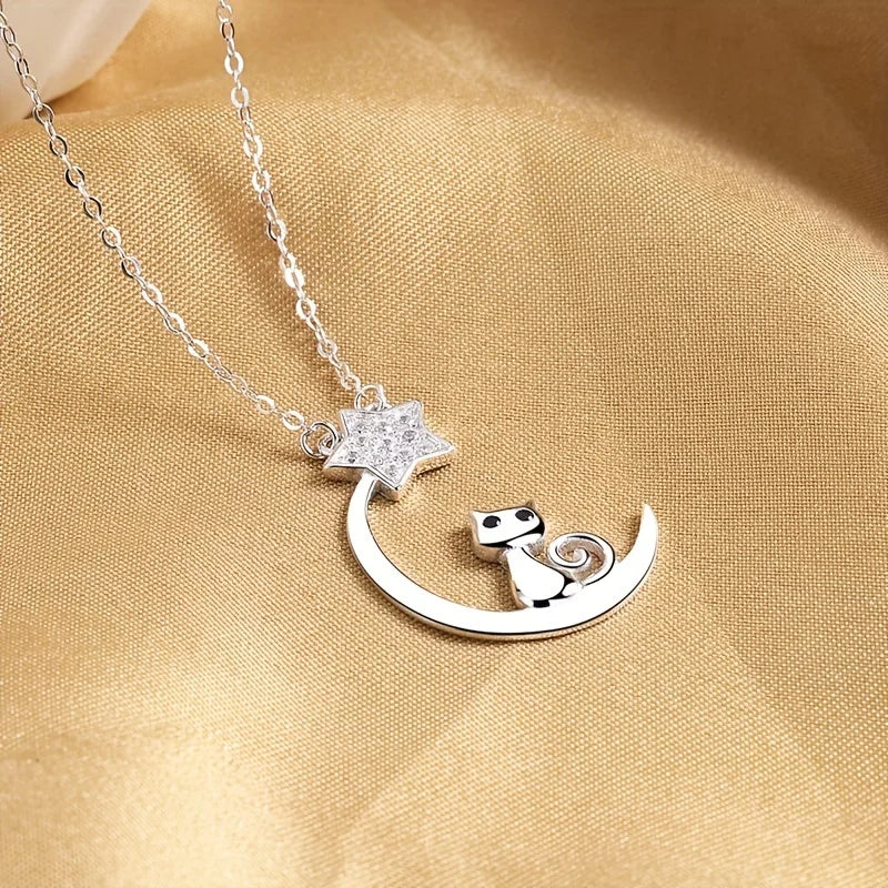Sterling Silver Cat Moon Star Necklace