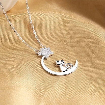 Sterling Silver Cat Moon Star Necklace