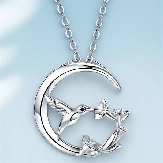 Moon Bird Vintage Silver Pendant Necklace
