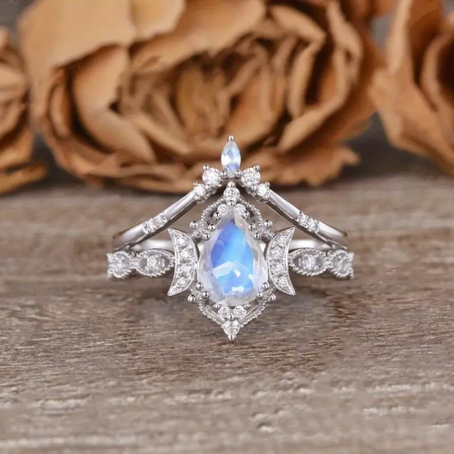 Blue Moonstone Drop Crown Ring