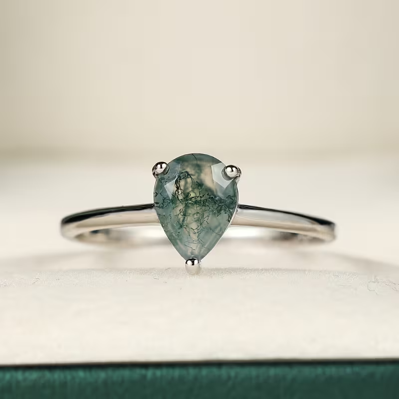 Moss Agate Stone Drop Silver Ring
