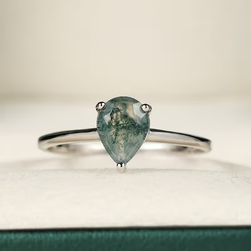 Moss Agate Stone Drop Silver Ring
