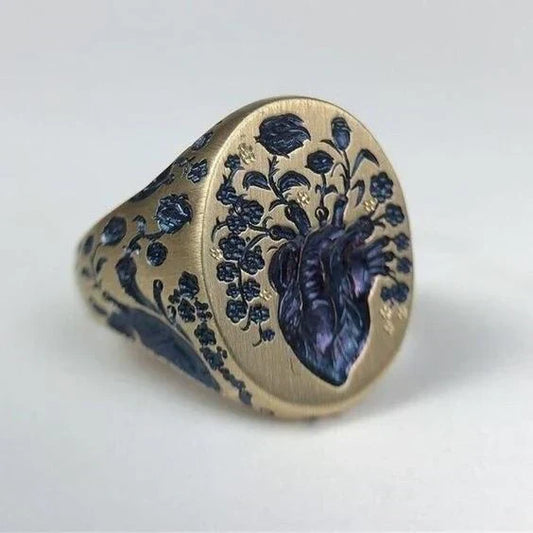 Vintage Blue Floral Seal Gold Ring