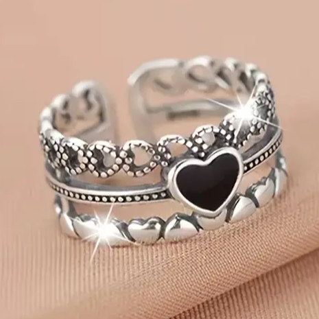 Open Black Heart Silver Ring
