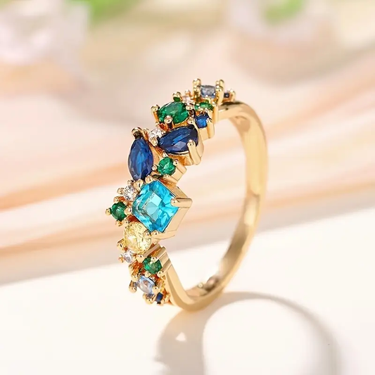 Blue & Green Floral Gold Ring