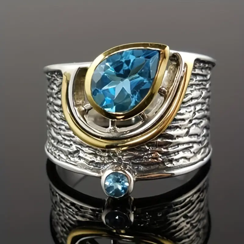 Vintage Blue Inlaid Drop Silver & Gold Ring
