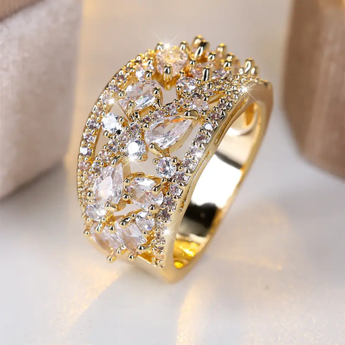 White Crystals Hollow Gold Ring