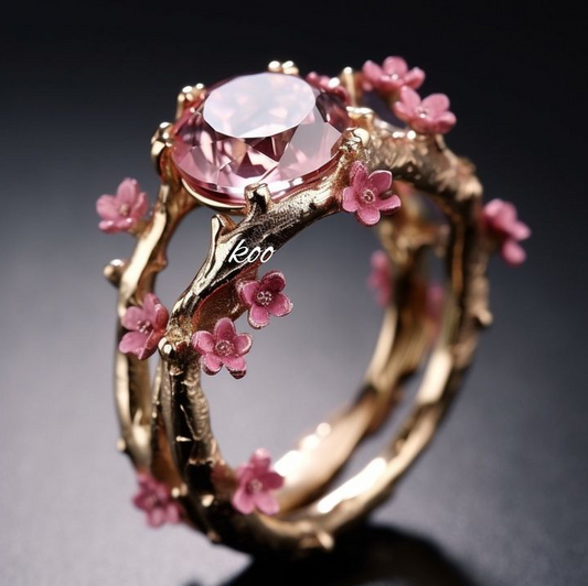 Exotic Golden Crystal Pink Flower Ring