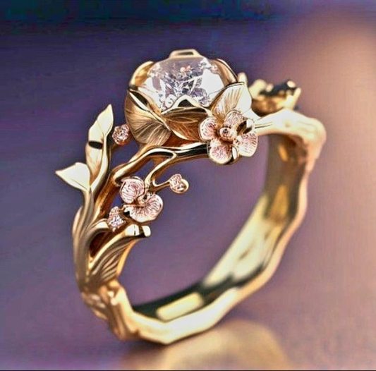 Exotic Golden Crystal Flower Ring