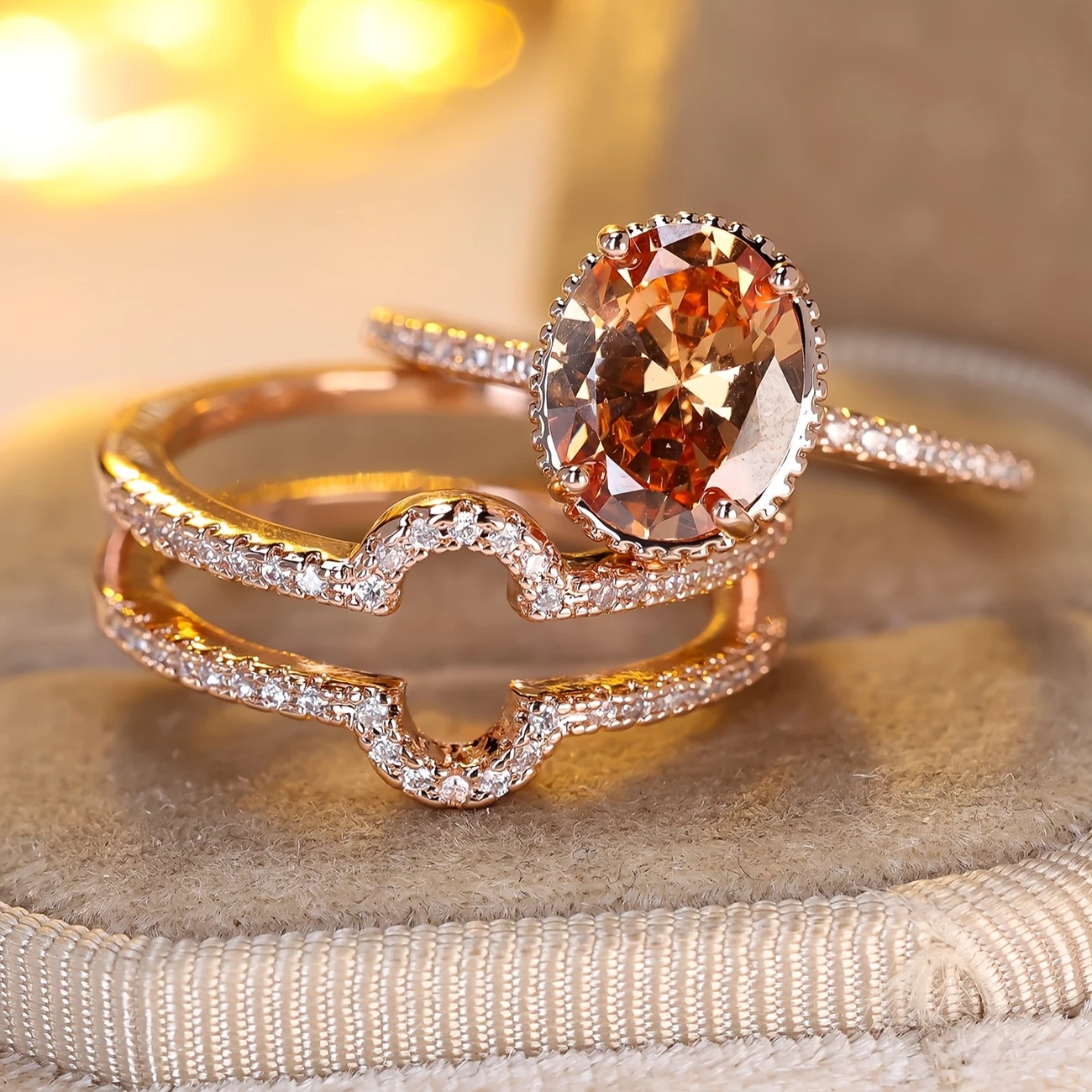 Orange Rounded Crystal Ring Set