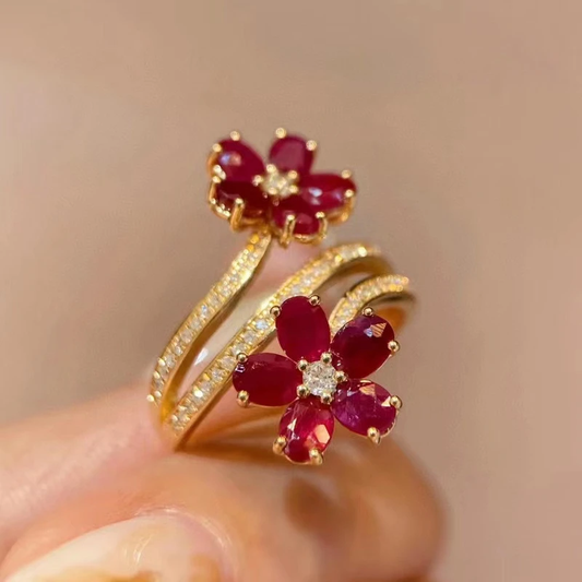 Spiral Red Daisy Gold Ring