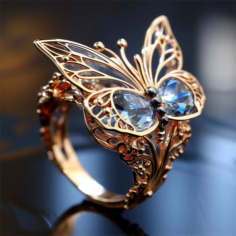 Blue Crystal Golden Butterfly Ring