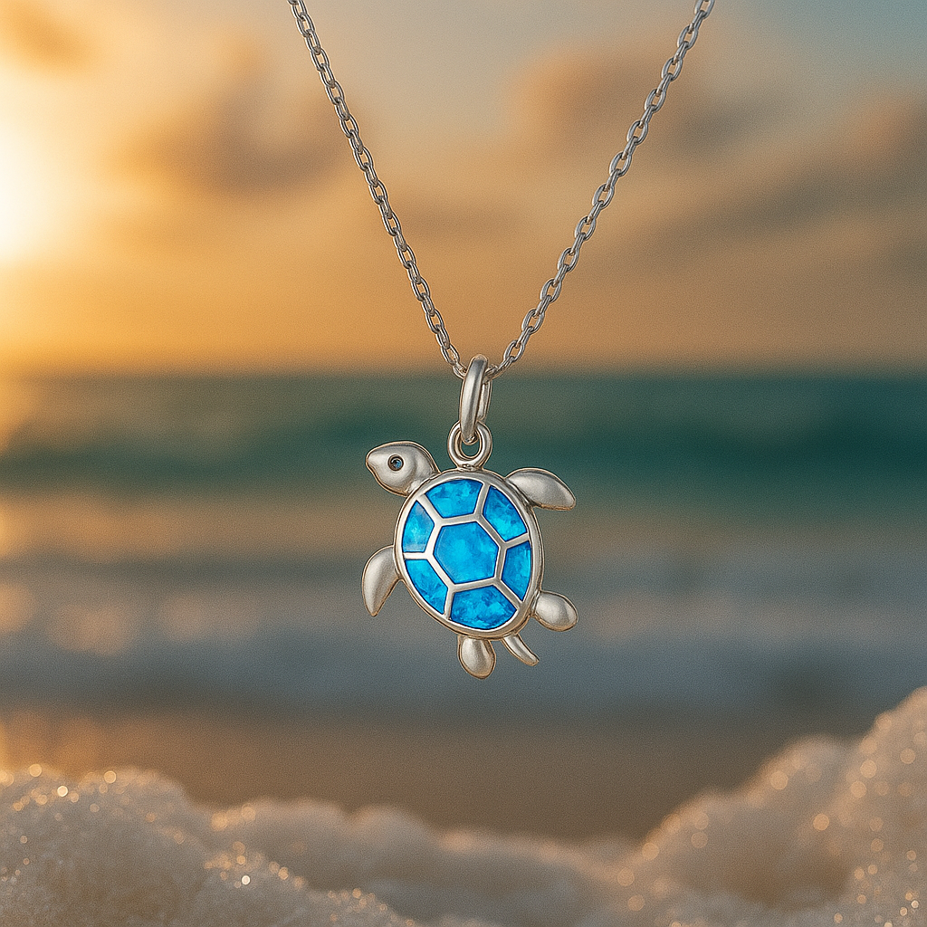 Blue Opal Turtle Silver Necklace