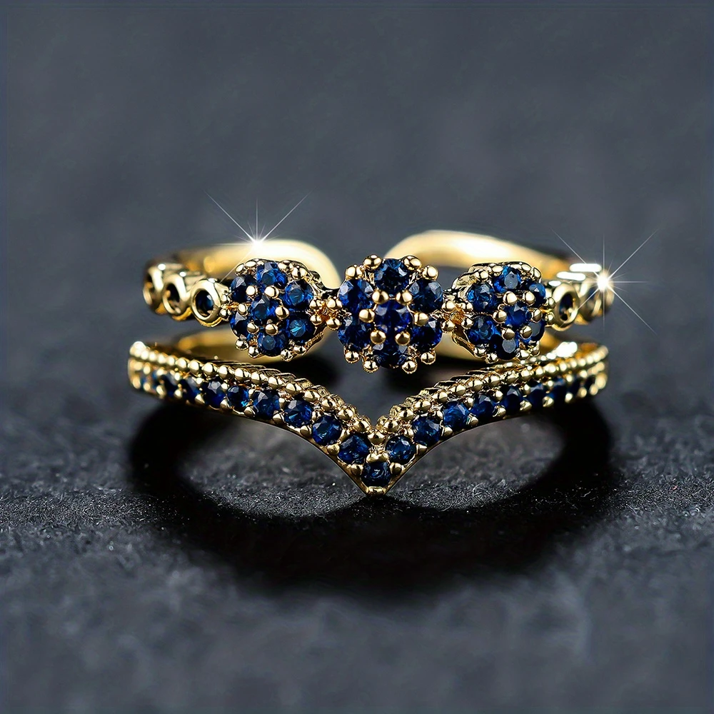 Inlaid Blue Crystals Layer Gold Ring