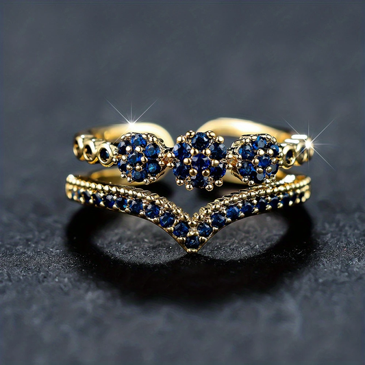 Inlaid Blue Crystals Layer Gold Ring
