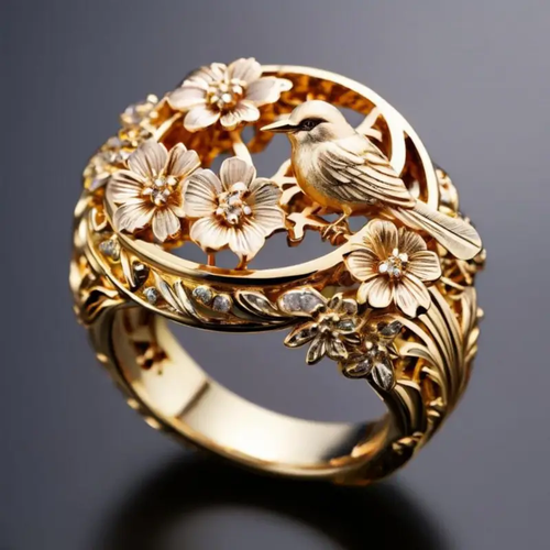 Golden Floral Hummingbird Ring