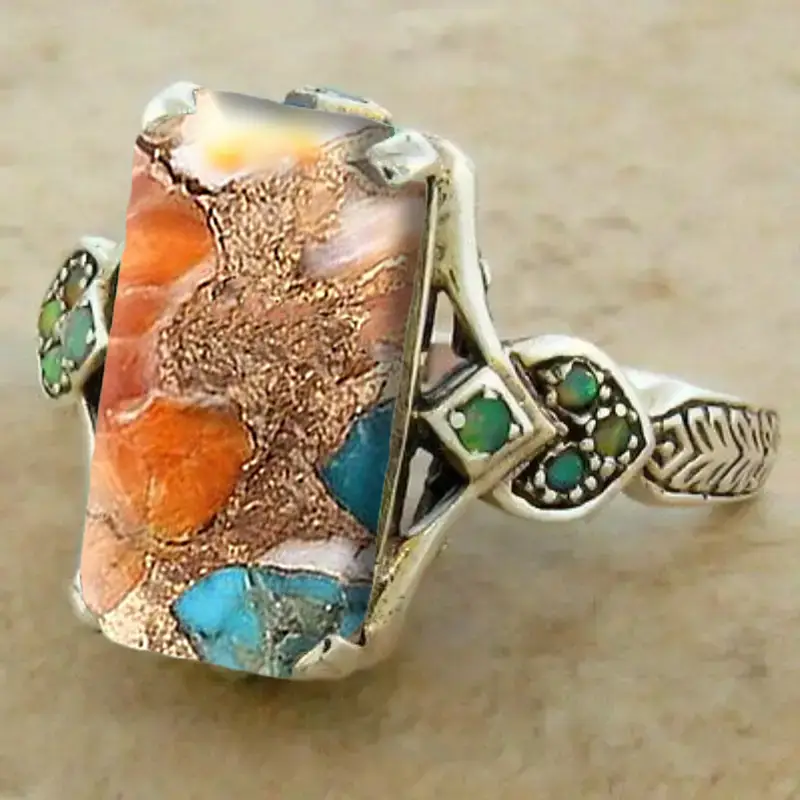 Colorful Stone Rectangular Silvered Ring