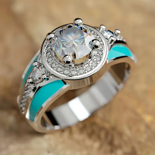 Turquoise Crystal Silvered Ring