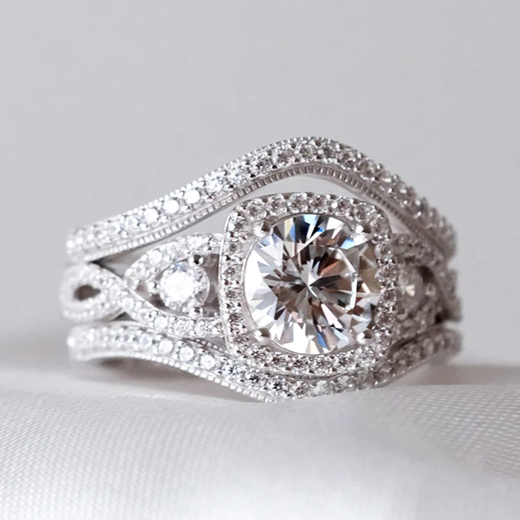 Silver Layered White Crystal Ring