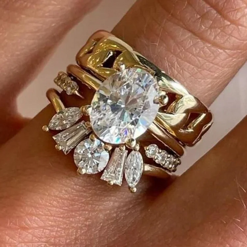 Forged Oval Glass Gold Ring Set