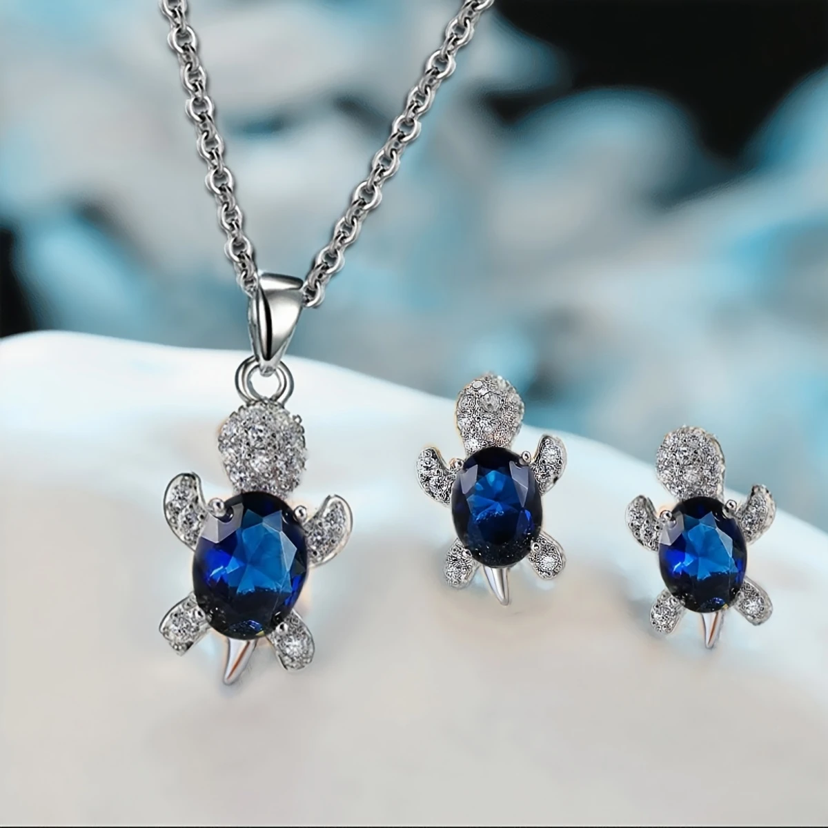 Blue Crystal Turtle Necklace + Earrings Set