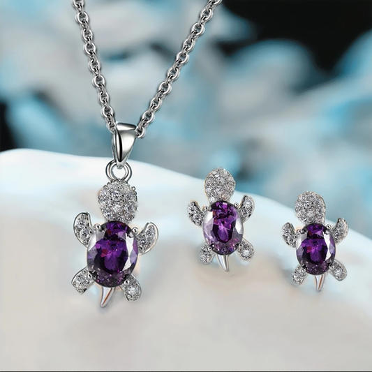 Purple Crystal Turtle Necklace + Earrings Set
