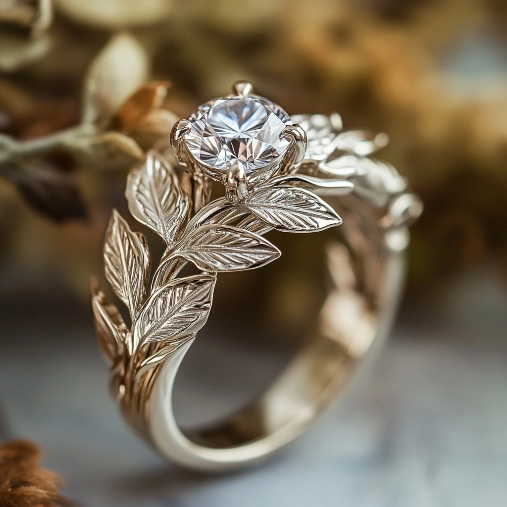 Exotic White Crystal Silver Leaf Ring