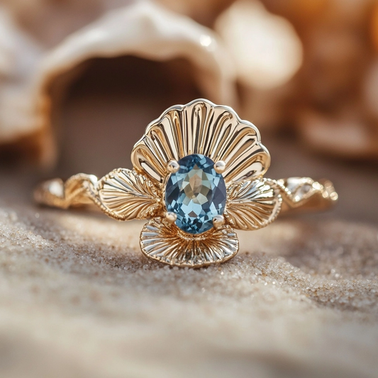 Ocean Shell Blue Crystal Gold Ring