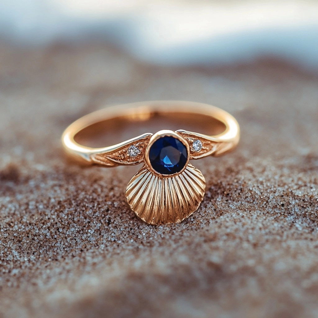 Ocean Shell Dark Blue Crystal Gold Ring