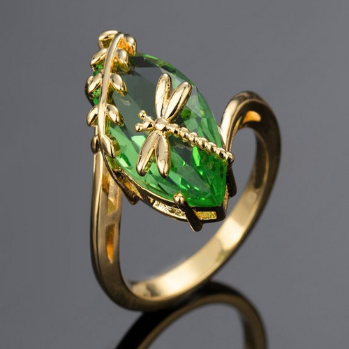 Green Oval Stone Dragonfly Gold Ring
