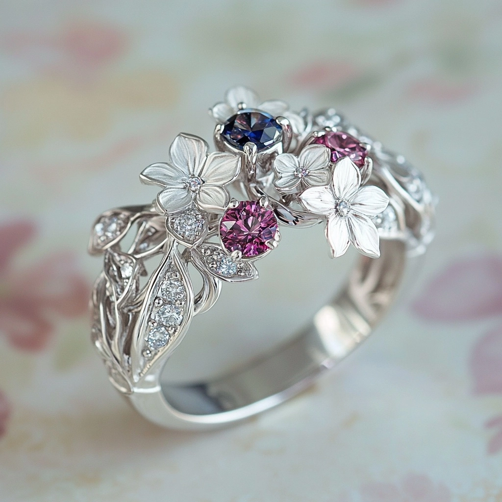 Silvered Floral Red & Blue Crystal Ring