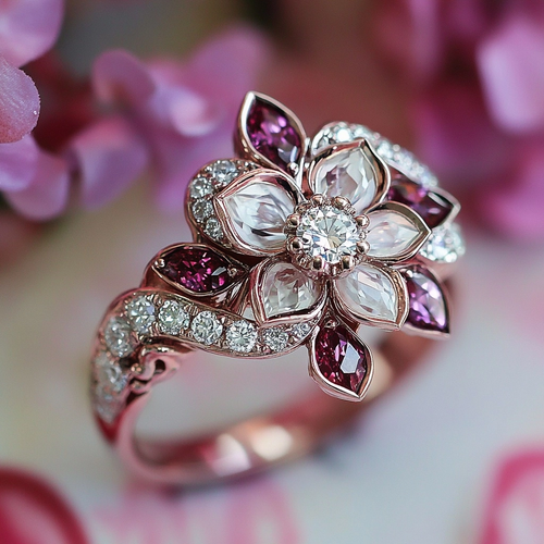 Silvered Crystal Garnet Floral Ring