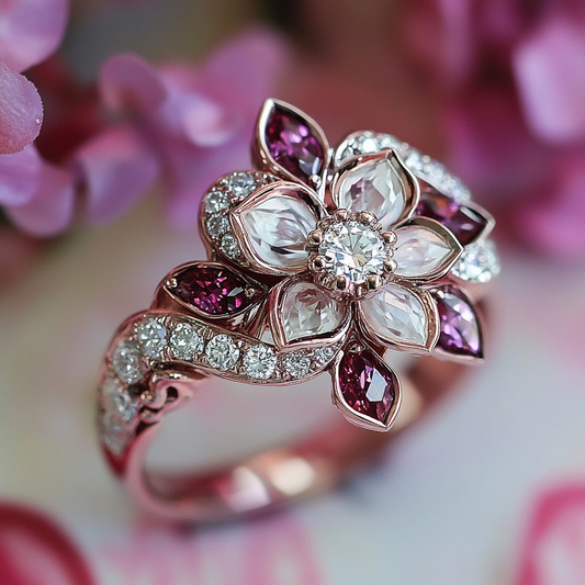 Silvered Crystal Garnet Floral Ring