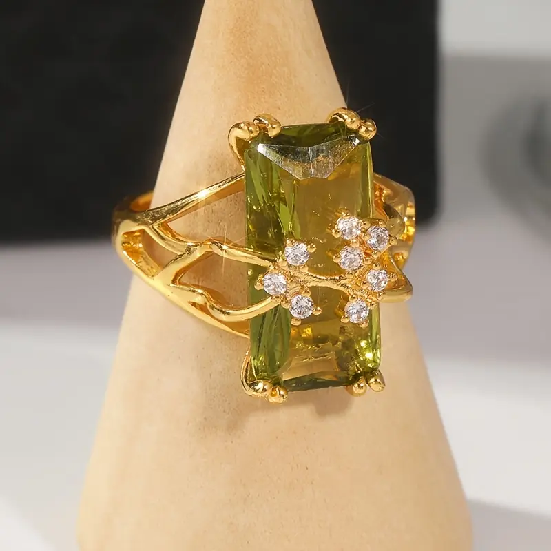 Rectangular Olive Glass Gold Ring