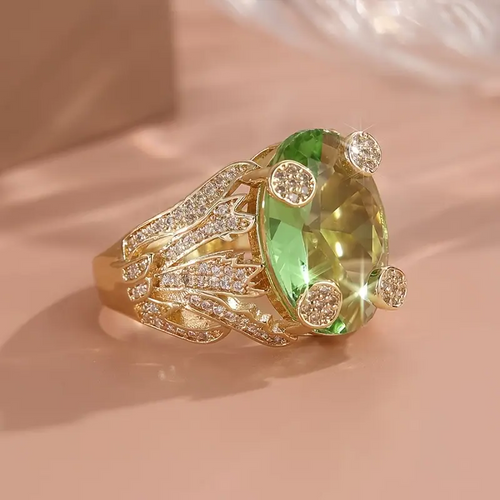 Rounded Gold Layer Olive Crystal Ring