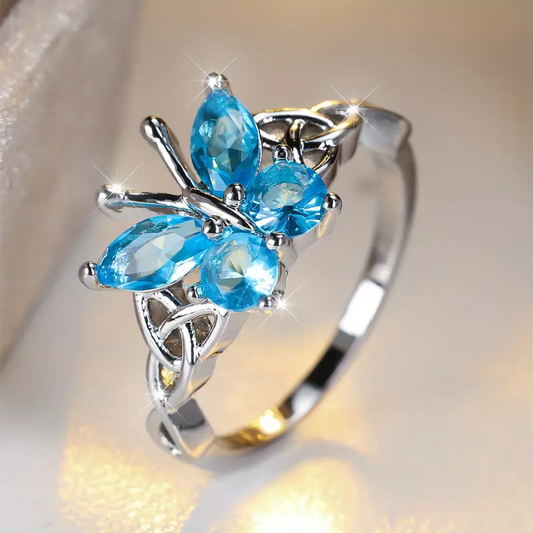 Blue Crystal Butterfly Silver Ring