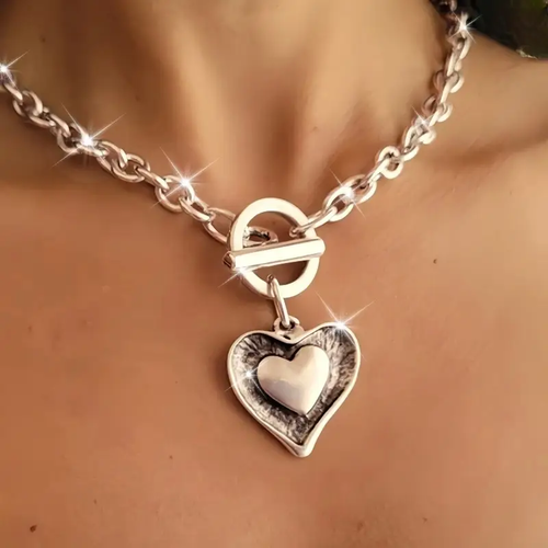 Double Heart Silvered Chain Necklace