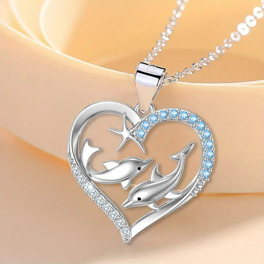 Silvered Dolphins Bright Heart Necklace