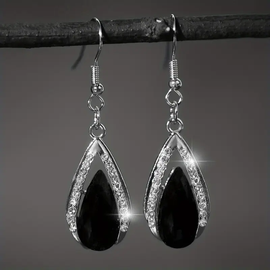 Vintage Black Drop Silver Earrings